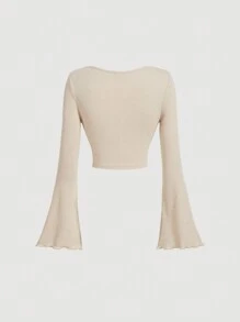 SHEIN MOD Overlapping Bell Sleeve Front Apricot Elegant T-Shirt, , Clothes, White Women's T-Shirt, Autumn Women's Clothing, Back-To-School Season, Going Out Wear, Slim Fit T-Shirt,New Year,Valentine