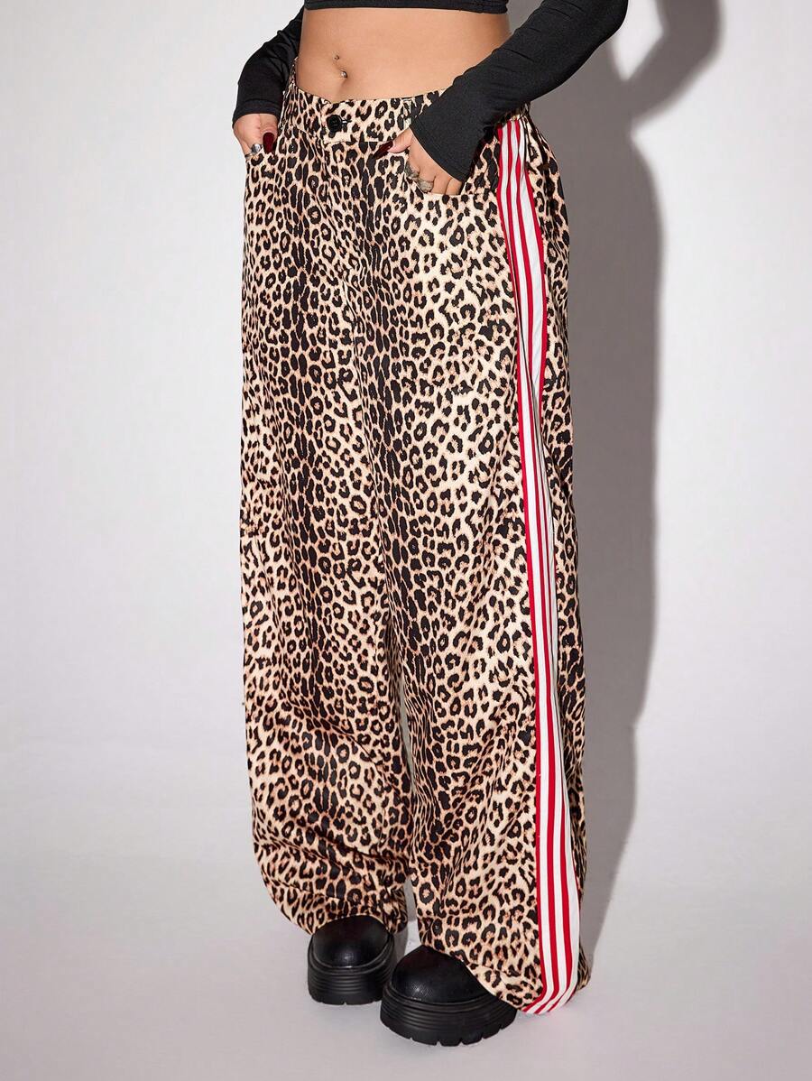 SHEIN ICON 大码女式修身豹纹拼色条纹直筒裤 - 棕色 - 查看 1