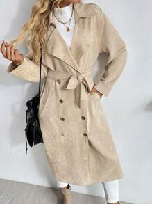 SHEIN LUNE 纯色双排扣口袋系带长袖绒面羊毛风衣