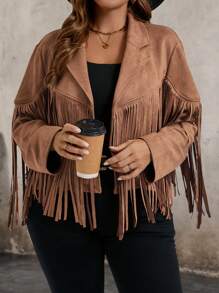 SHEIN LUNE Plus Size Faux Suede Fringe Jacket, For Winter - Brown - View 3
