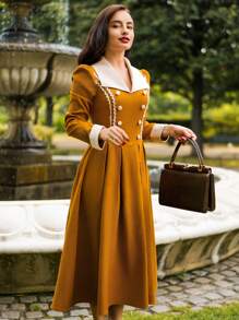 Vintamour 复古优雅女士长袖连衣裙，撞色领姜黄色中长连衣裙秋装返校节礼服教师服女士生日礼服女士连衣裙优雅商务休闲女士礼服 - 棕色 - 查看 5
