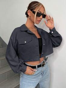 SHEIN EZwear Áo khoác ngắn nhung kẻ dệt màu xám xanh cho mùa thu/đông - Xám - Xem 4