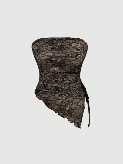 SHEIN MOD 女士黑色蕾丝抹胸上衣、黑色上衣、紧身胸衣上衣、衣服、露肩上衣