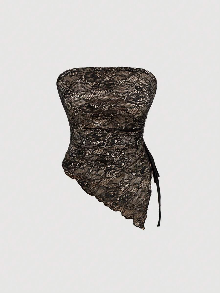 SHEIN MOD Women's Black Lace Bandeau Top,Black Top,Corset Top, Clothes,Off Shoulder Top - Black - View 1