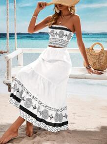 Breezaya 2pcs Women Vintage Style Bandeau Top And Skirt Set (Random Print)