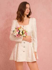 Enchnt Women's Apricot Floral Princess Diamond Buttons Long Sleeve Dress,Fall Women Dresses&Fall Women Clothes - White - View 5