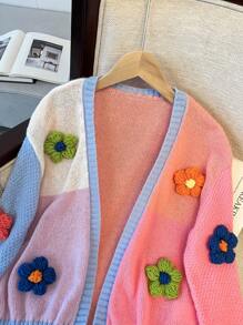 Tween  Girls Autumn And Winter Casual Color Matching 3D Flower Sweater Long Sleeve Cardigan,Back To School,Birthday - Multicolor - View 4