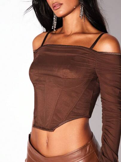 SHEIN X  Ignacia Antonia Zolique Parte superior con mangas arrugadas, doblez asimétrico, tejido de doble capa y diseño de espina de pescado para mujer, ideal para fiestas de Halloween