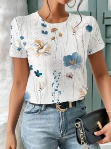 SHEIN Frenchy Solid Eyelet Embroidery Round Neck White Tee Commute Minimalist Office Old Money  Simple  Commute Minimalist Office Old Money  Simple Flower