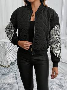 Calvaya Contrast Color Wing Sequin Patchwork Quilted  Long Sleeve Jacket Fall Winter Cloth For Women