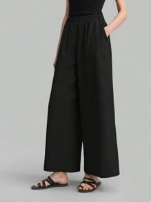 Ontre Petite 2026春夏新款纯色宽松阔腿裤，休闲春夏款 - 黑色 - 查看 1