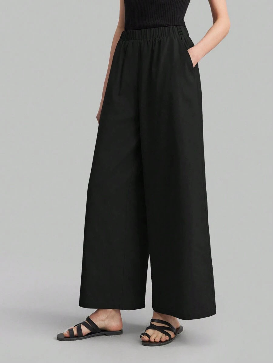 Ontre Petite 2026春夏新款纯色宽松阔腿裤，休闲春夏款 - 黑色 - 查看 1
