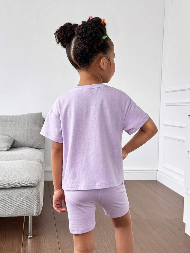 SHEIN Young Girl Letter Graphic Drop Shoulder Tee & Shorts - Lilac Purple - View 2