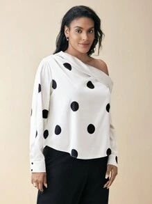 BizChic Plus Size Elegant Polka Dot Print Asymmetrical Neck Blouse, Spring Autumn - Black and White - View 7
