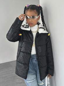 Tween Girls  Casual Stand Collar Cropped Jacket - Black - View 5