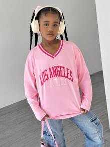 Tween Girl Oversized V-Neck City Letter Printed Long Sleeve T-Shirt