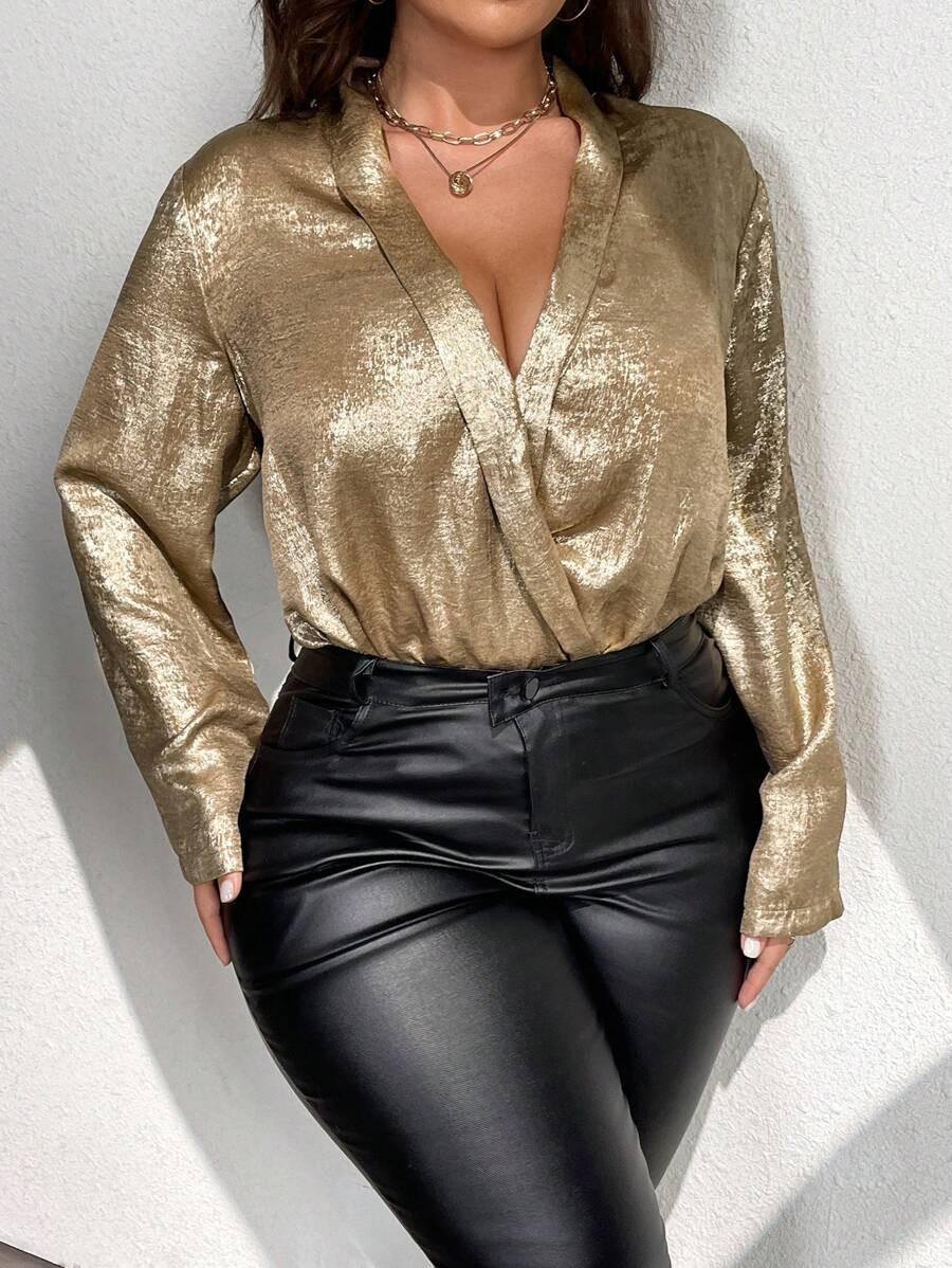 SHEIN Clasi 大码女式金属质感长袖优雅办公衬衫 - 金色 - 查看 1