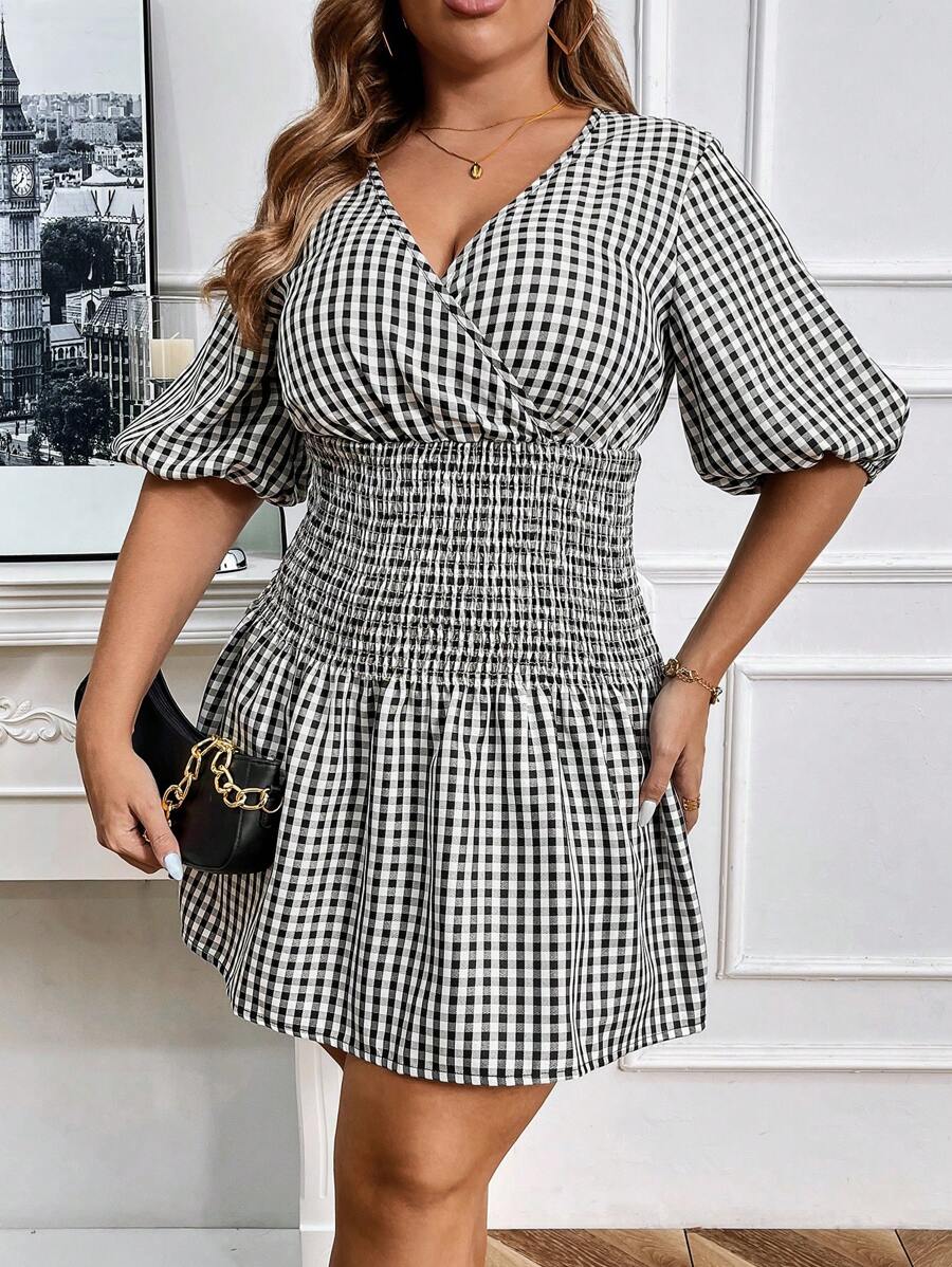 Flirla Plus Size Nữ Mùa Hè Kẻ Sọc Shirred Tay Phồng Cinched Eo Váy Chữ A - Đen và trắng - Xem 1