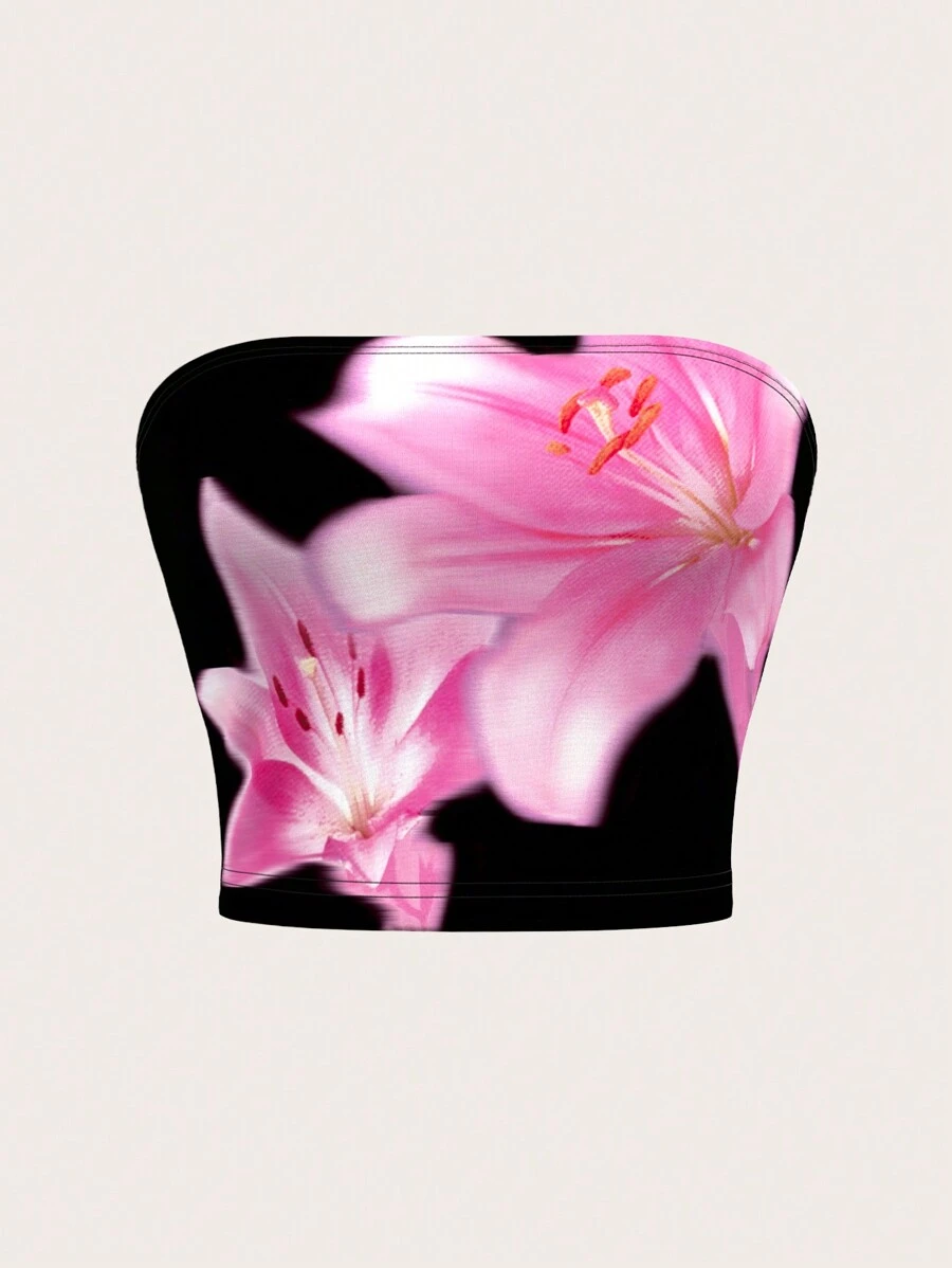 SHEIN ICON 花卉印花露肩上衣 - 黑色 - 查看 1
