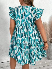 SHEIN VCAY Plus Size Cổ Thuyền Tay Áo Có Lông In Họa Tiết Hoa Đầm - Màu xanh ngọc - Xem 2