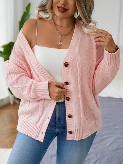 Calvaya 大码女式宽松纯色落肩长袖休闲针织开衫，秋冬