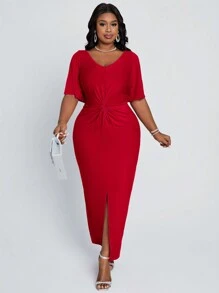 Fleurora Robe de fête de Noël Robe longue élégante slim d'été fendue avec un twist rose rouge pour les femmes de grande taille - Rouge - Voir 5