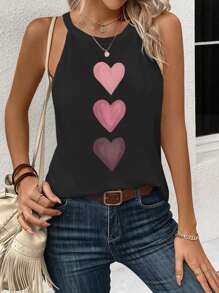 SHEIN LUNE Áo ba lỗ cổ tròn in hình trái tim giản dị dành cho nữ, thích hợp cho mùa hè - màu đen - Xem 4