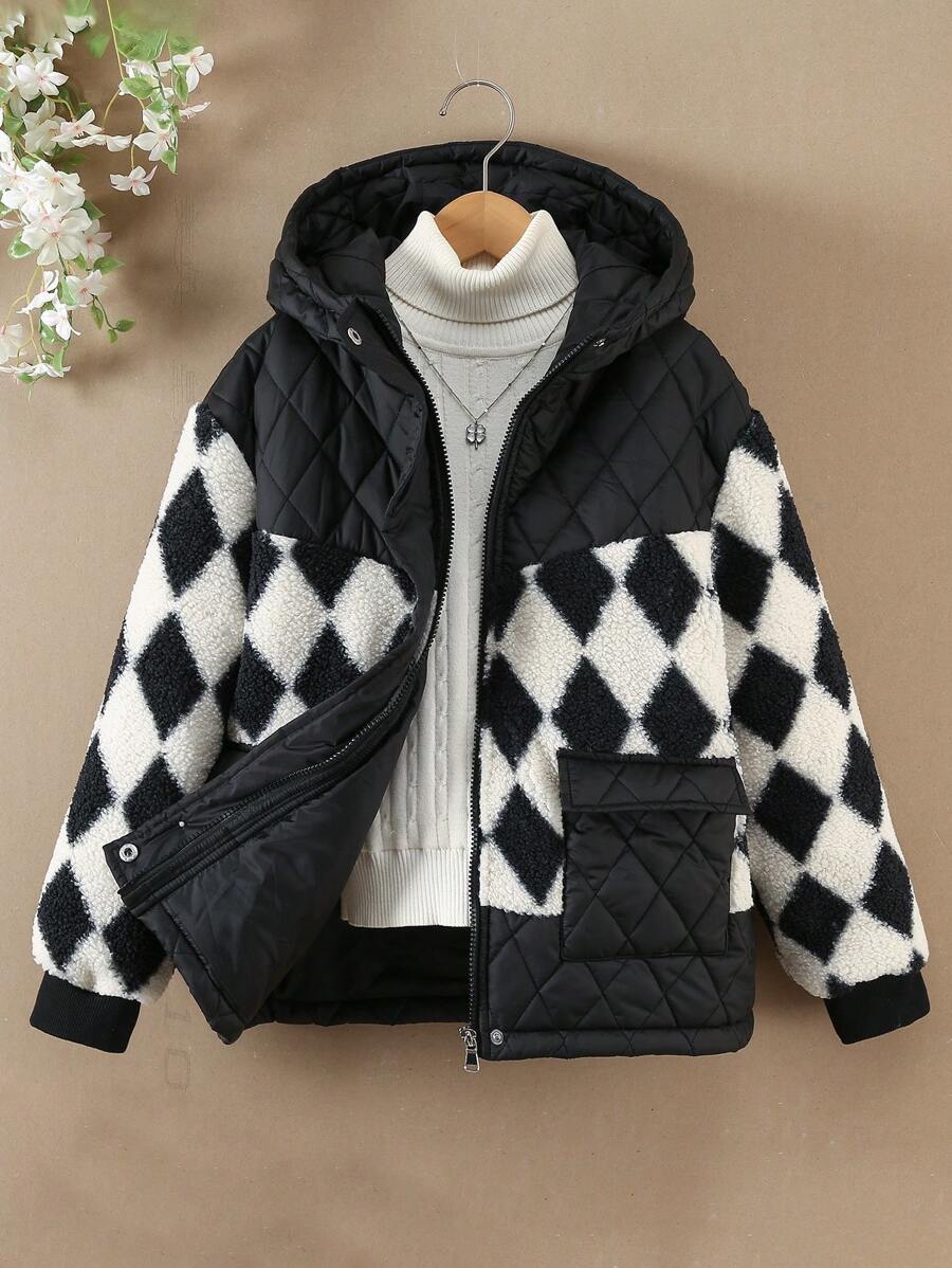 Áo khoác trùm đầu dài tay có đệm họa tiết hình học Colorblock dành cho bé gái tuổi mới lớn - màu đen - Xem 1