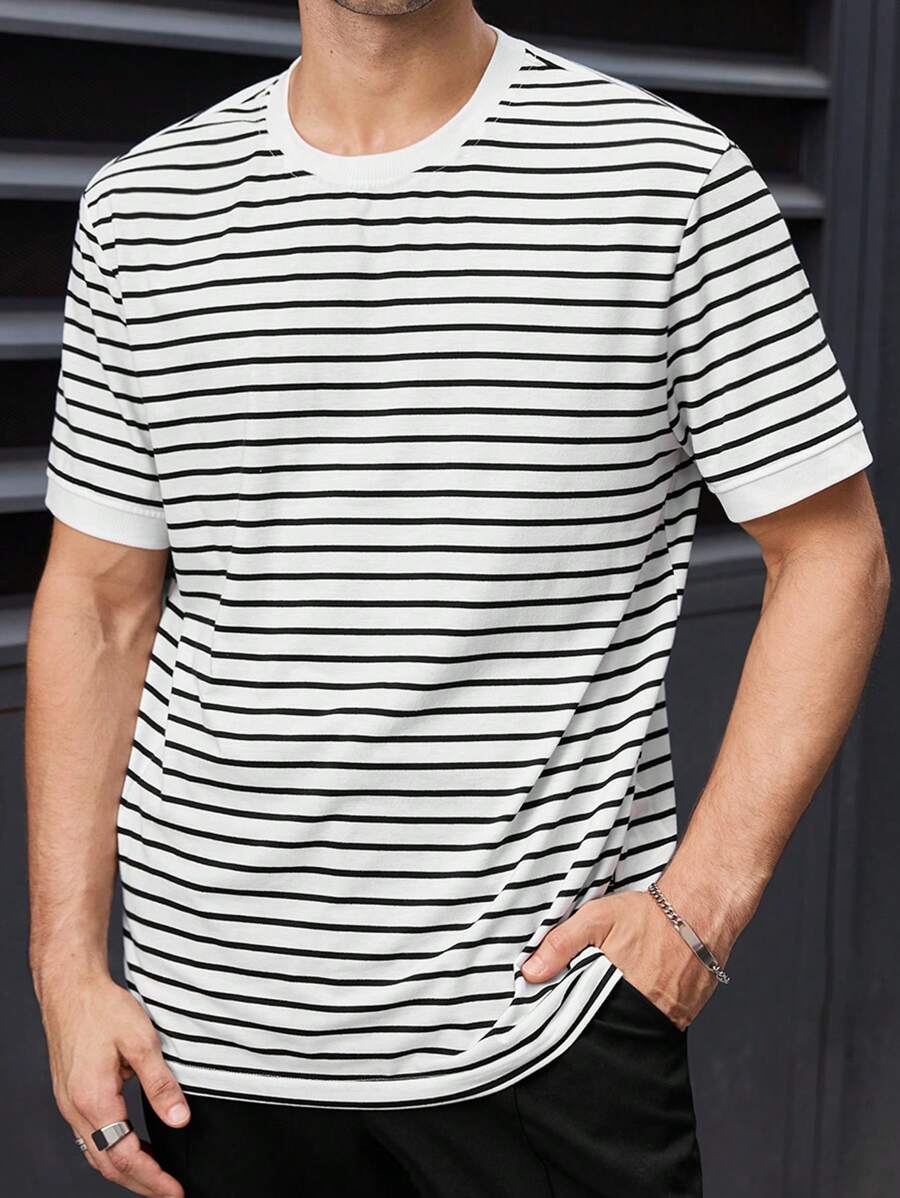 Manfinity BRENVOR 男士条纹针织修身休闲圆领短袖 T 恤，适合夏季