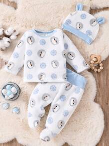 SHEIN 3 件套婴儿男孩可爱企鹅印花长袖衬衫、裤子和帽子休闲休闲装 - 藍色 - 查看 1