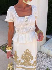 INAWLY Áo kiểu nữ cổ tròn tay ngắn thắt eo xếp ly thời trang ngày lễ - trắng - Xem 3