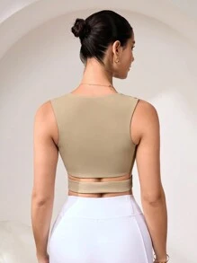 SHEIN Sports 女士纯色简约日常镂空运动文胸 - 杏色 - 查看 2