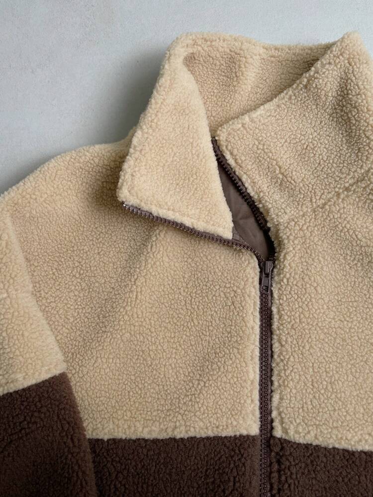 Women Contrast Color Pocket Zip Up Long Sleeve Jacket, For Autumn/Winter,Fall Women Clothes,Thermal Lined