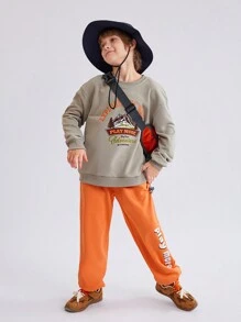 2pcs Tween Boys Printed Outdoor Sweatshirt And Sweatpants Set - Dark Grey - View 5