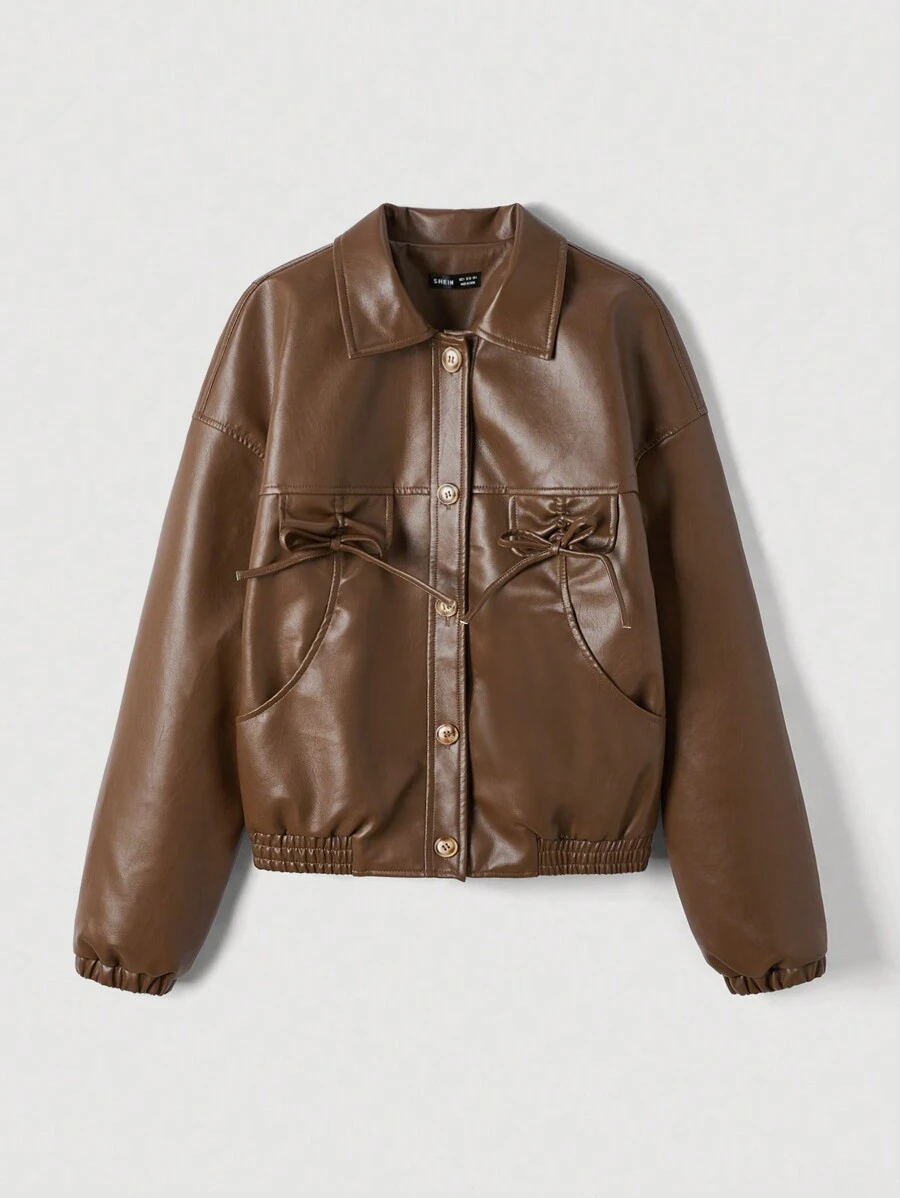 SHEIN MOD Braune vintage Lederjacke mit Kontrastbesatz und Schleifen-Tasche, Winterbekleidung, Retro Mantel - Braun - Übersicht 1