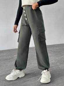 SHEIN Tween Girls Cargo Pockets Multi-Button Long Pants, Fall/Winter 2024 New Arrival - Olive Green - View 6