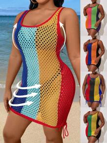 SHEIN Clasi Vestido suéter ajustado sin mangas tejido en talla grande con diseño de bloques de color y bordados huecos para vacaciones en la playa - Rojo - Ver 1
