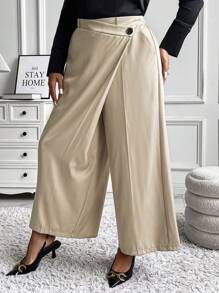 SHEIN Unity Damen Große Größen Hose mit Vorderseite, weites Bein, locker geschnitten für Büro - Khaki - Übersicht 4