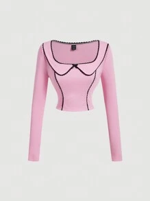 SHEIN MOD Áo thun dài tay màu hồng dễ thương cho nữ, Quần áo mùa thu cho nữ, Áo dài tay cho nữ, Áo mùa thu cho nữ - Hồng - Xem 1