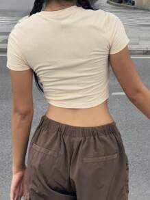 SHEIN EZwear Tricou cu mânecă scurtă, cu mânecă scurtă, cu imprimeu de dinozaur, minimalist, casual, pentru femei, amestec de bumbac - Bej - Vizualizare 2