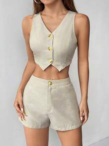 SHEIN PETITE Ladies' Single-Breasted Suit Vest And Shorts Set - Apricot - View 5