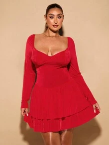 SHEIN BAE Plus Size Women's Solid Color Stretch Knit A Line Sweet Cake Dress Graduation Party Short Long Sleeve Cup Dress