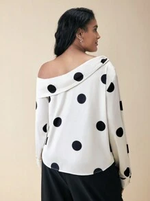 BizChic Plus Size Elegant Polka Dot Print Asymmetrical Neck Blouse, Spring Autumn - Black and White - View 2