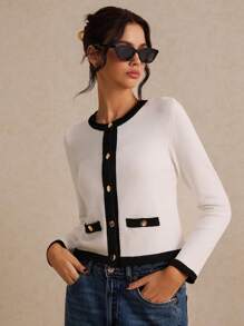 Poéselle Áo len cardigan dệt kim dài tay màu đen và trắng viền kim loại cài nút phía trước cho nữ, áo len cardigan dệt kim dài tay rộng rãi và thanh lịch - Đen và trắng - Xem 4
