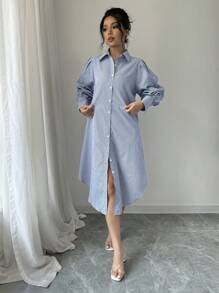 Elenzga 女士优雅通勤泡泡袖收腰条纹衬衫裙 - 藍色 - 查看 5