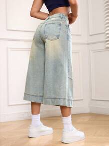 SHEIN EZwear Jeans de mezclilla de pierna ancha y lavados de 3/4 para mujer, de estilo casual de verano - Lavado ligero - Ver 3