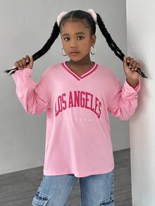 Tween Girl Oversized V-Neck City Letter Printed Long Sleeve T-Shirt