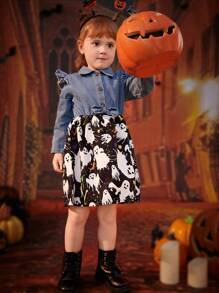 Vestido casual colegial estilo azul jeans patchwork desenho animado e estampa gráfica de Halloween, outono/inverno