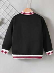 SHEIN Casual Sports BOSTON Letter Print Ribbed Collar Cuff Hem Black Varsity Jacket For Young Boys. The Ribbed Collar, Cuffs, And Hem Design Adds Layers And Texture To The Jacket. Suitable For Autumn And Winter, Suitable For Young Boys To Wear During Casual, Sports Or Outdoor Activities, Showing A Fashionable And Personalized Style Of Dressing. The Black Design Makes The Jacket More Versatile And Easy To Match With Various Bottoms Such As Jeans And Casual Pants, Paired With Athletic Or Casual Shoes, Showcasing A Fashionable And Casual Look. This Jacket Will Become A Beloved Item In The Boy's Wardrobe, Adding More Fashion And Taste To Their Daily Wear. Suitable For School, Classic And Timeless, Comfortable And Stylish. - Black - View 2