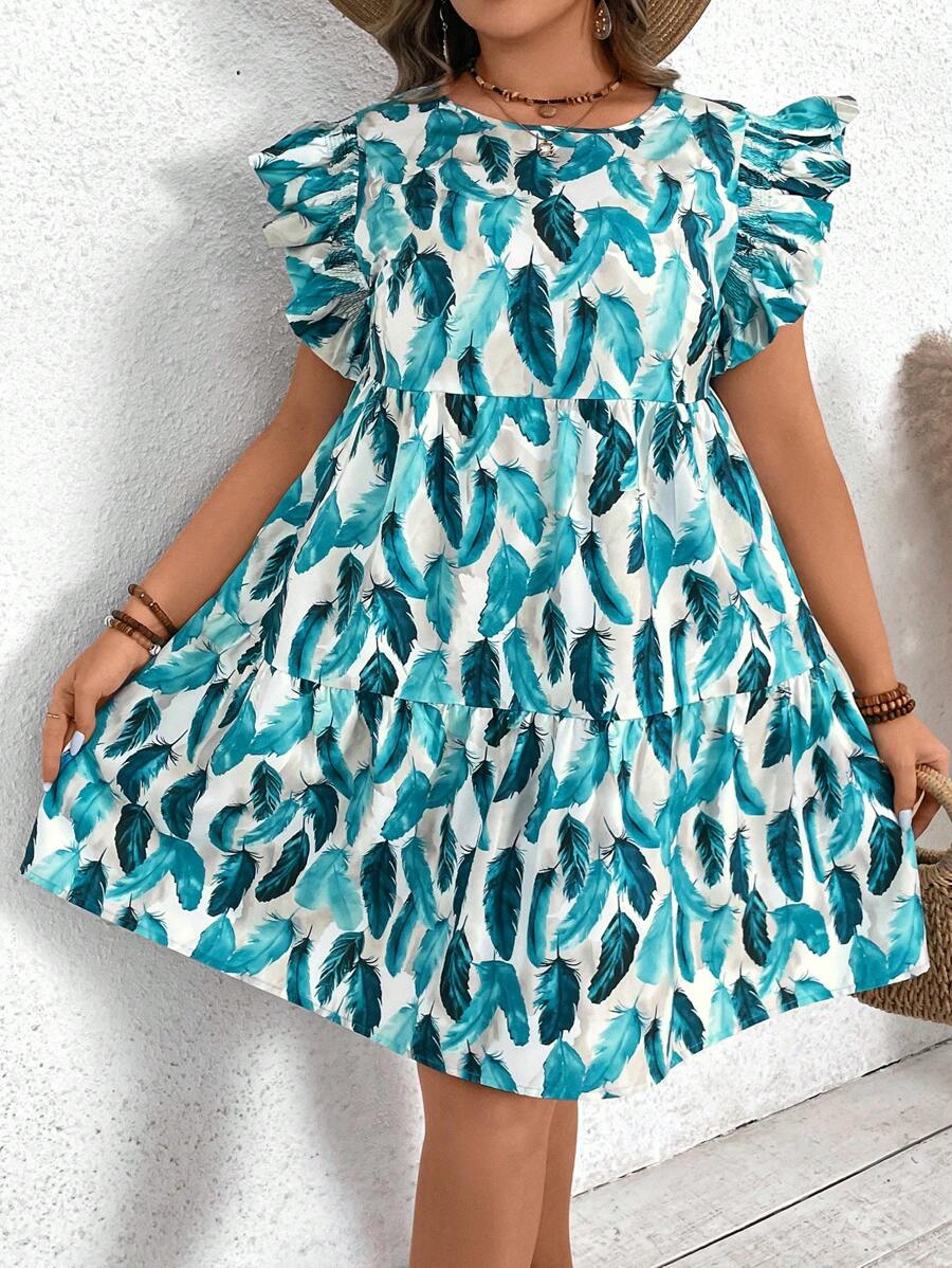 SHEIN VCAY Plus Size Cổ Thuyền Tay Áo Có Lông In Họa Tiết Hoa Đầm - Màu xanh ngọc - Xem 1